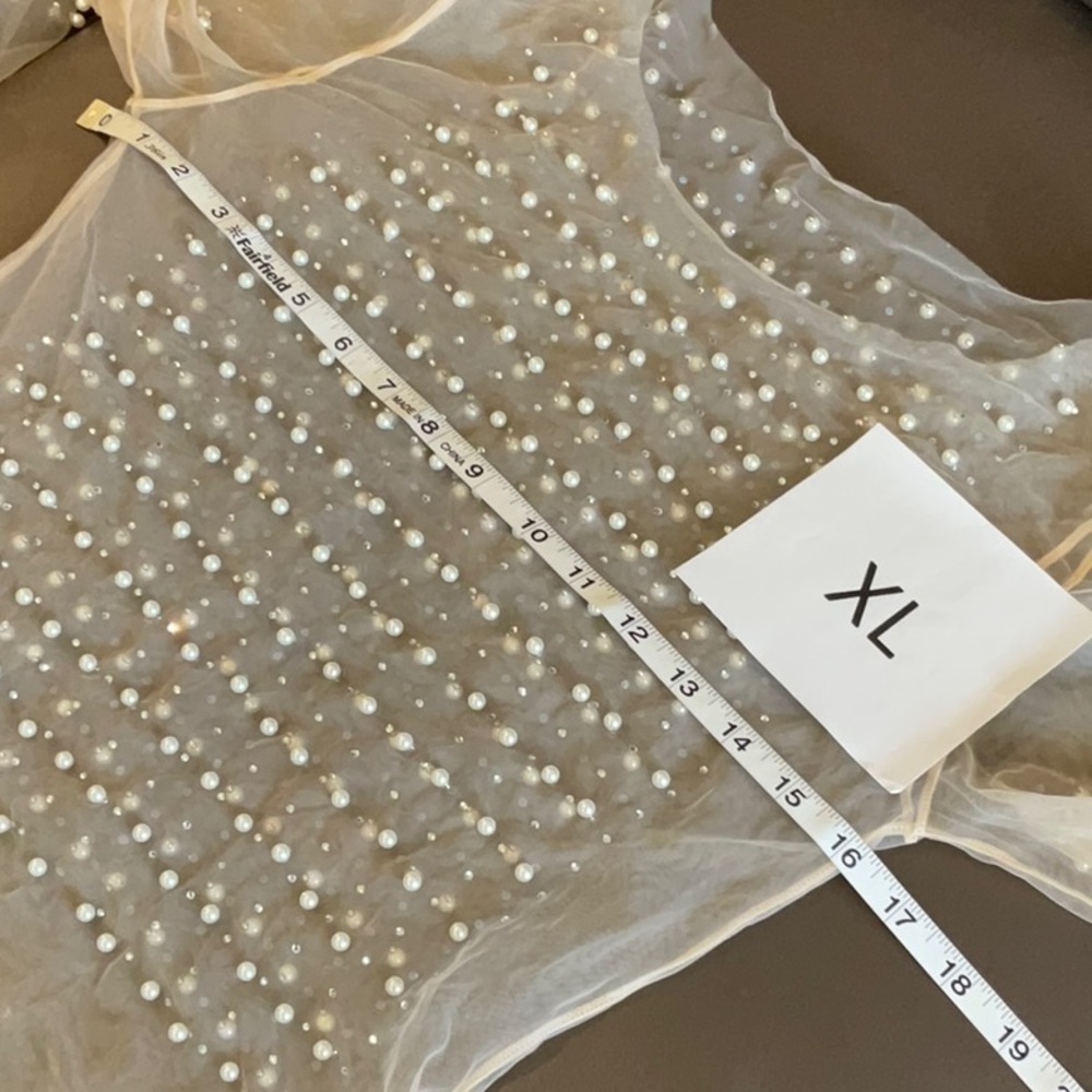 Sheer mesh pearl shiny rhinestone long sleeve blouse - Picture 12 of 16